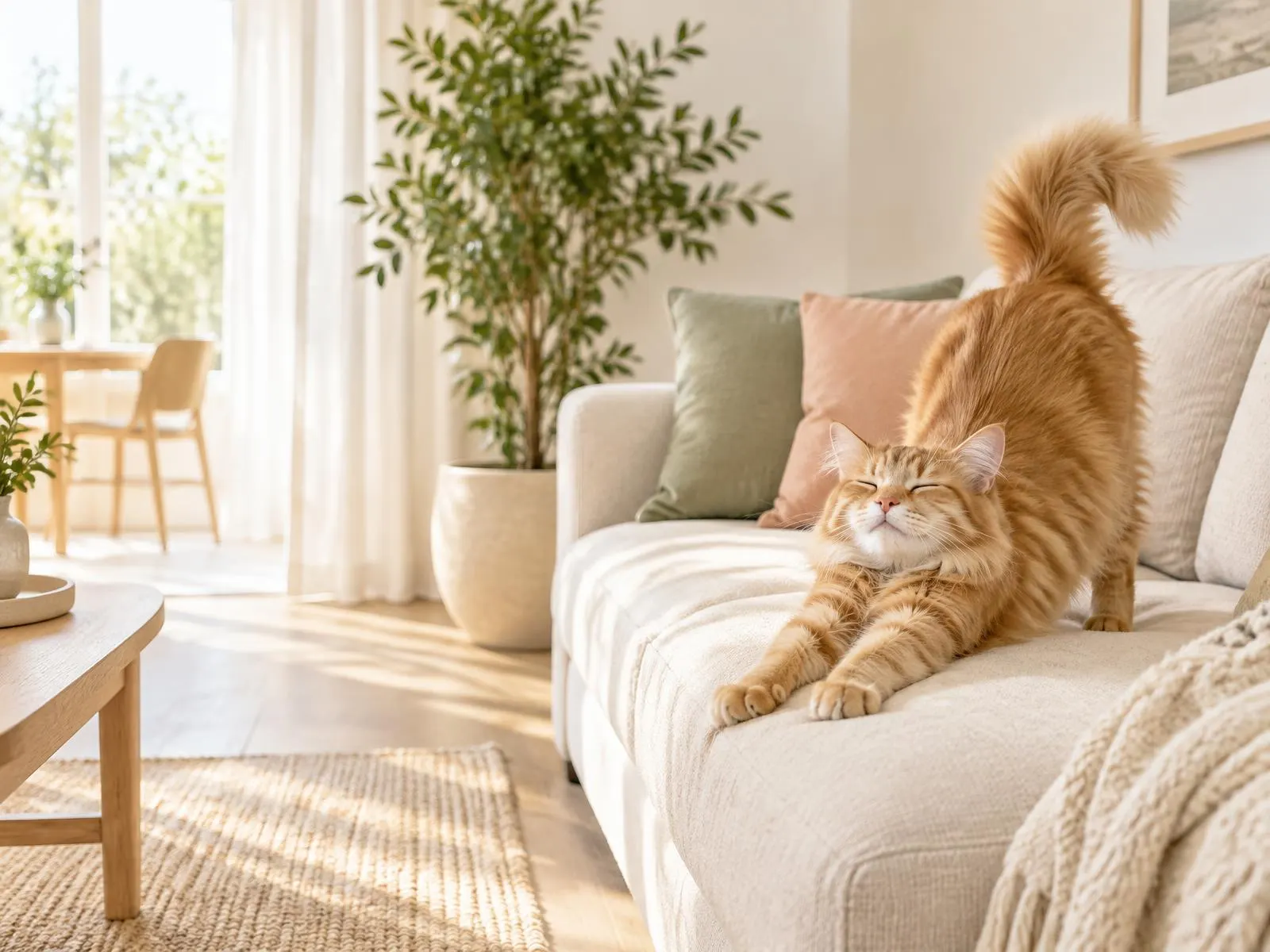 Relaxed cat stretching on a sofa in a bright living room